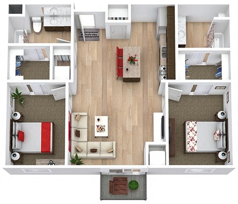 a 3d rendering of a floor plan with bedrooms and a living room